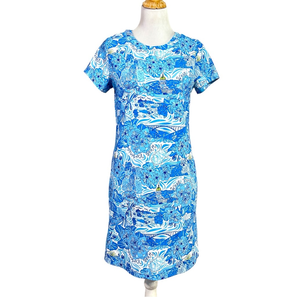 Kaeli Smith West Virginia Print Mini Dress Size Small With Pockets Blue/White